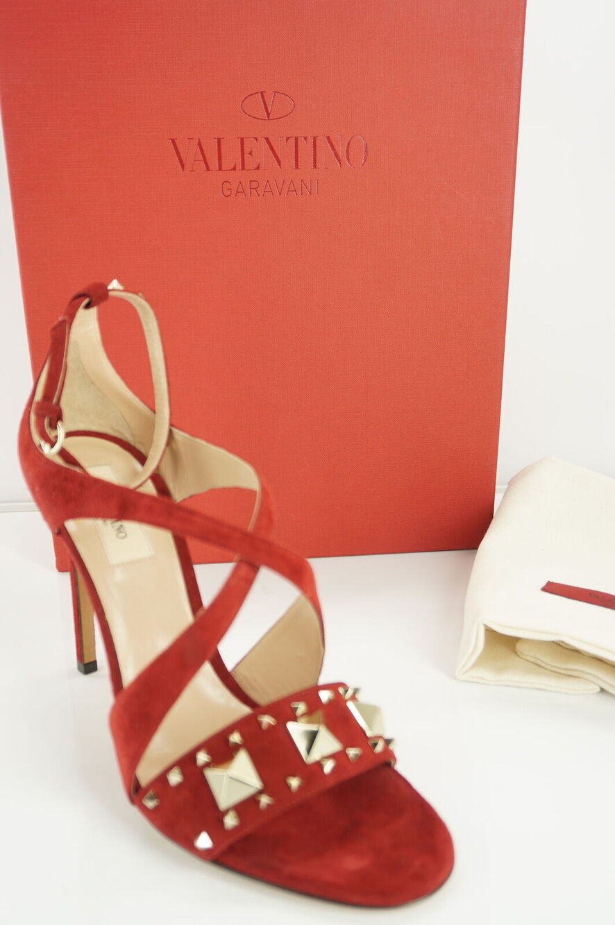 Valentino Rockstud Cross Strap Rubino Red Suede Sandals SZ 38.5 NIB Heel $1085